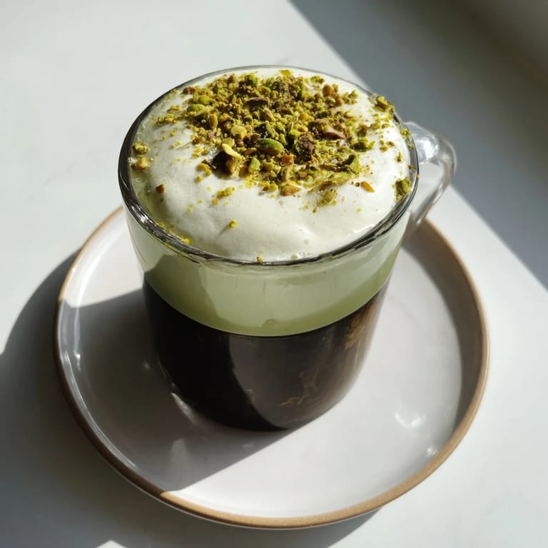 Enjoy a rich, vibrant Pistachio Latte, a creamy coffee drink garnished with chopped pistachios.