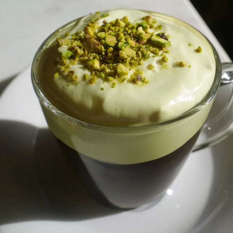 A delightful Pistachio Latte with a cloud of cold foam looks ready to bring coffee shop vibes home.