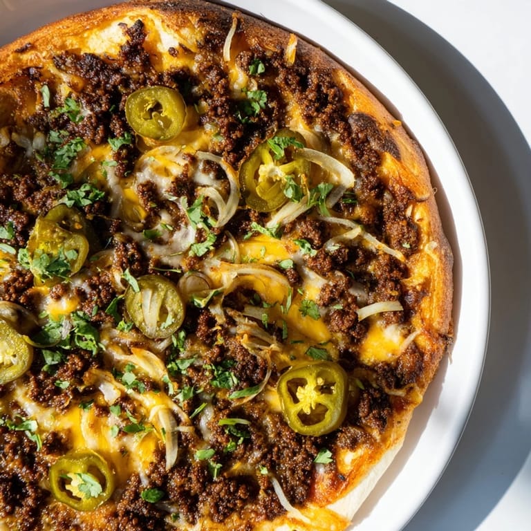 A freshly baked Spicy Ground Beef Pizza base, with visible spicy beef and melted cheese ready for serving.