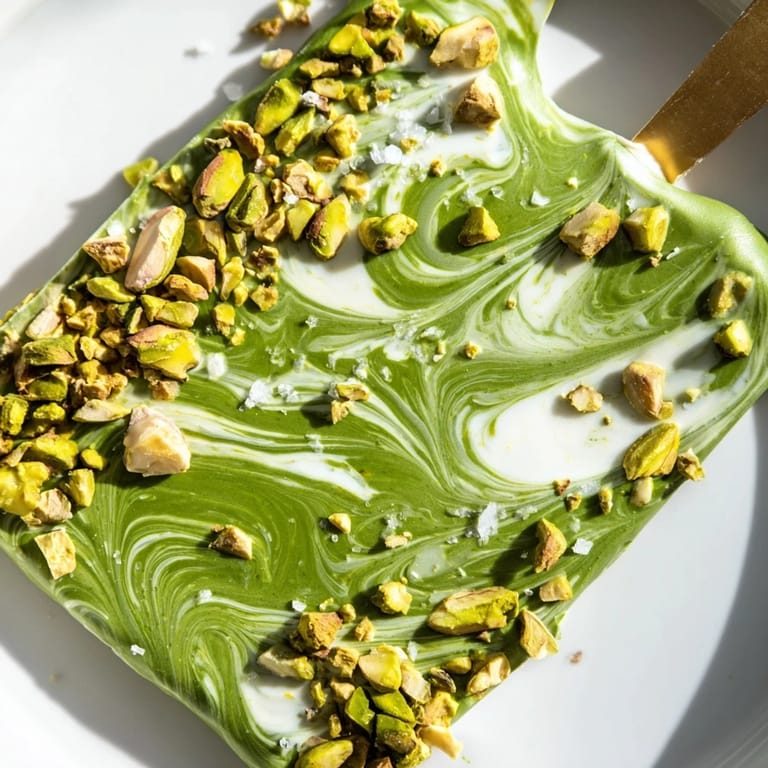 Close-up of freshly made pistachio matcha white chocolate, swirled and ready to enjoy on a plate.