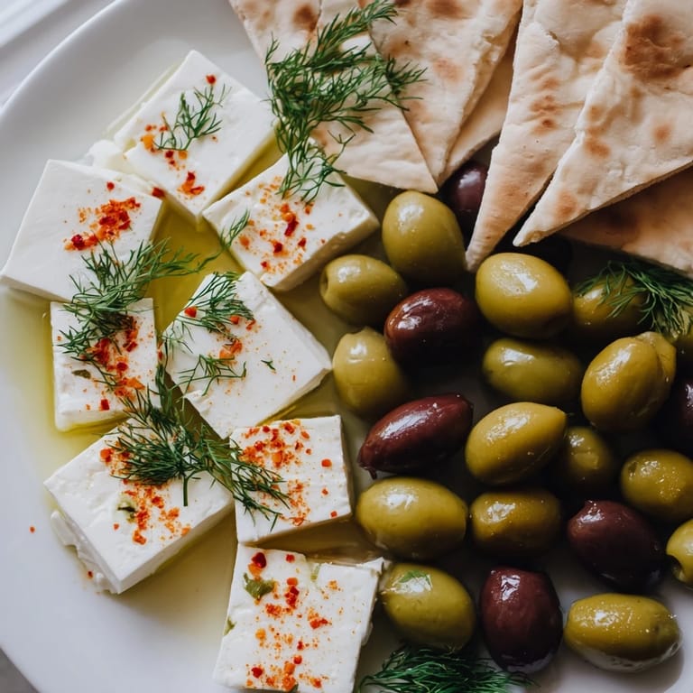 Enjoy the flavors of this Turkish Olives & Cheese Board appetizer, perfect with soft cheese and warm bread.