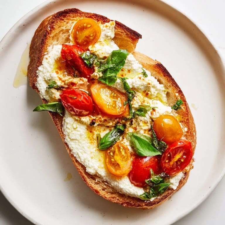 Baked feta toast with crusty sourdough, melty cheese, and sweet roasted cherry tomatoes, garnished with fresh basil and ready to serve as a light meal.