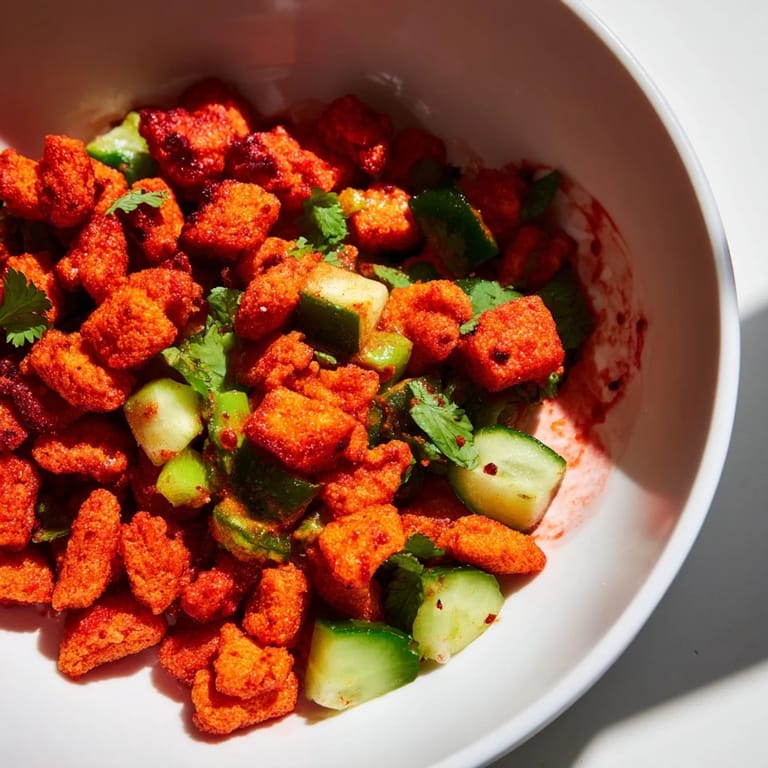 Spicy Flamin Hot Cheeto Salad served fresh as a crunchy vegetarian side, mixing cool cucumbers with bold heat.