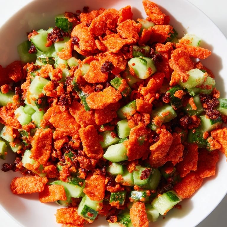 A vibrant bowl of Flamin Hot Cheeto Salad topped with spicy chips, crisp veggies, and a bright lime dressing.
