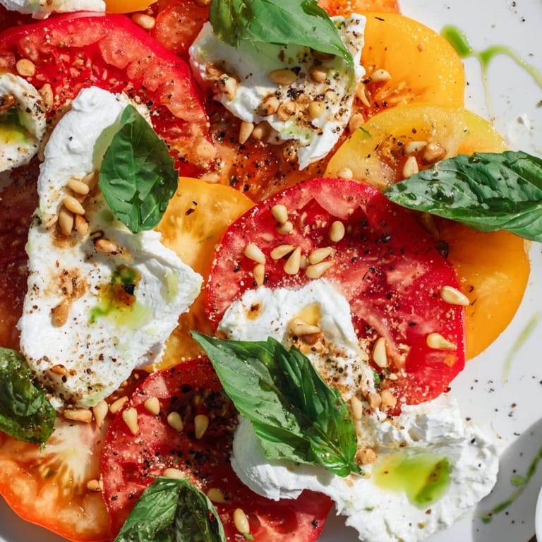 Juicy heirloom tomatoes and torn burrata on a board, drizzled with basil oil for a fresh Mediterranean bite.