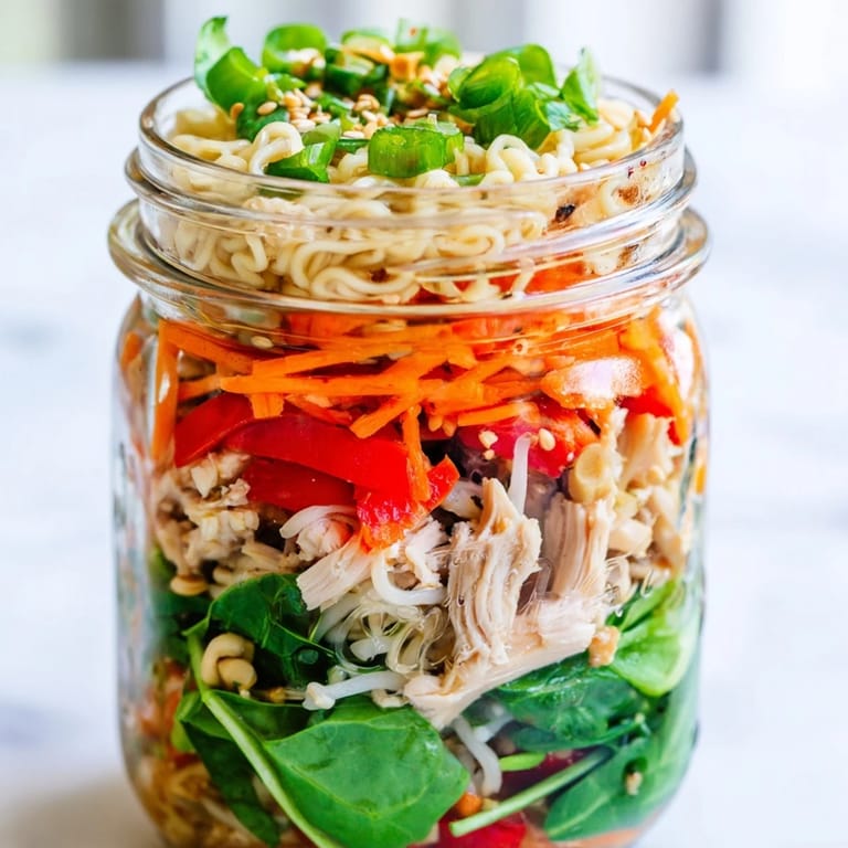 On-the-go mason jar noodle meal prep features diced tofu or chicken, colorful bell peppers, and ready-to-mix savory noodles for an easy lunch.