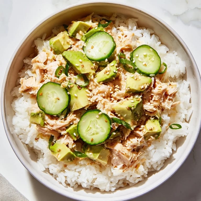 Colorful Tuna Avocado Rice Bowl arranged in a ceramic bowl with tender tuna, ripe avocado, crisp veggies, and sesame seeds, perfect for a quick meal.