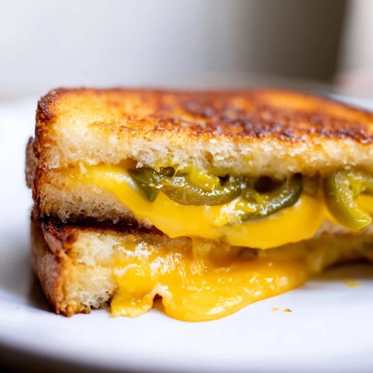 Close-up of a Cheddar Jalapeño Grilled Cheese with crispy bread and tangy pickled jalapeño slices.