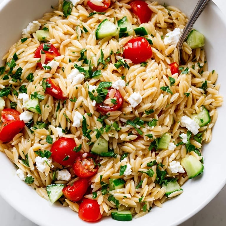 Close-up of a delicious Greek Orzo Salad featuring tender orzo pasta, briny Kalamata olives, and fresh dill garnish.