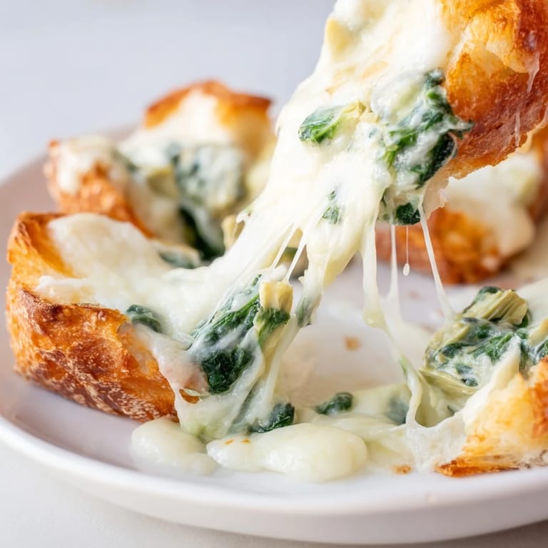 Freshly cooked spinach artichoke grilled cheese cut in half, revealing a vibrant green and cheesy filling.