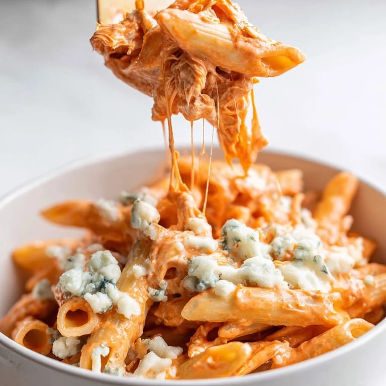 Hearty Buffalo Chicken Pasta served in a bowl, blending spicy buffalo wing sauce with creamy cheese and celery garnish.