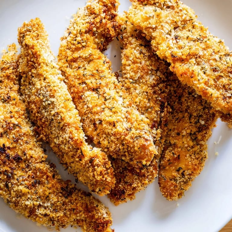 A close-up of herbed panko-breaded chicken strips, baked to perfection for a family-friendly dinner.