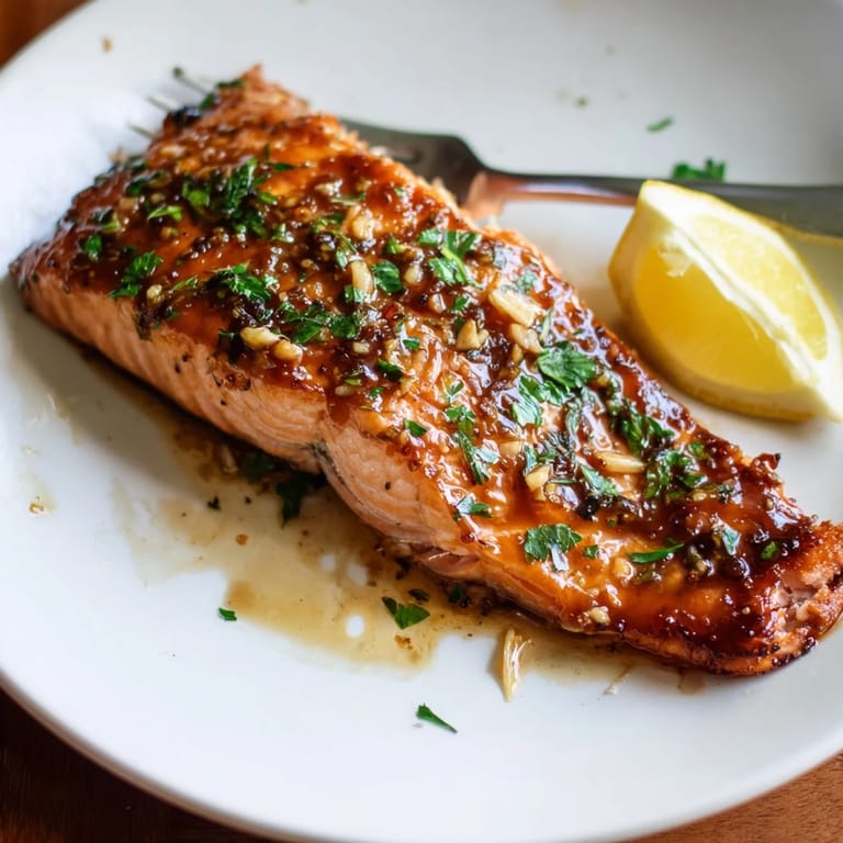 A platter of tender Honey Garlic Glazed Salmon topped with fresh herbs and lemon wedges, perfect for a family dinner.