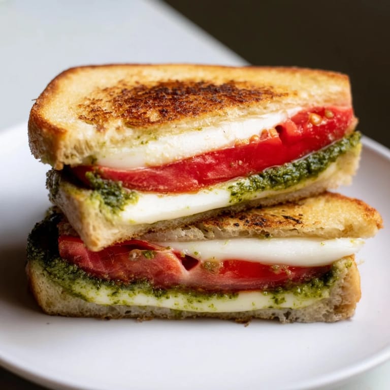 A close-up view of a Caprese Pesto Grilled Cheese, showcasing melted cheese and fresh tomato between perfectly toasted bread.