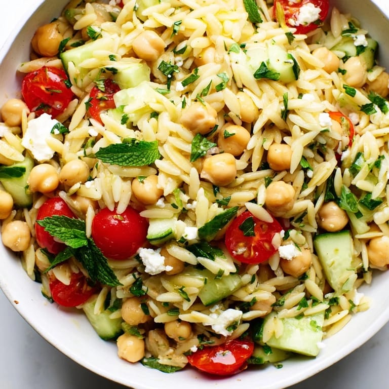 Vibrant Mediterranean Lemony Chickpea Orzo Salad garnished with fresh parsley and mint, perfect for a light lunch or picnic side dish.  