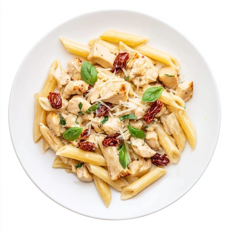 Hearty bowl of Creamy Sun-Dried Tomato Chicken Pasta featuring al dente penne, savory chicken, and sun-dried tomatoes in a velvety Parmesan sauce.