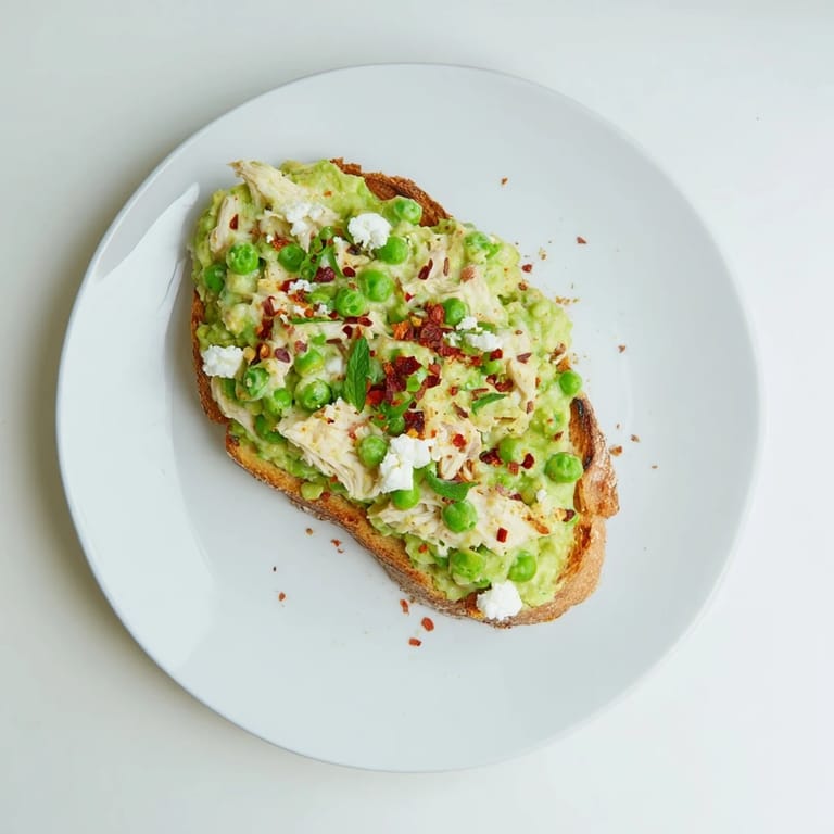 Open-faced Smashed Pea & Chicken Toast features vibrant green peas and savory chicken piled high on rustic bread, ready to serve warm.