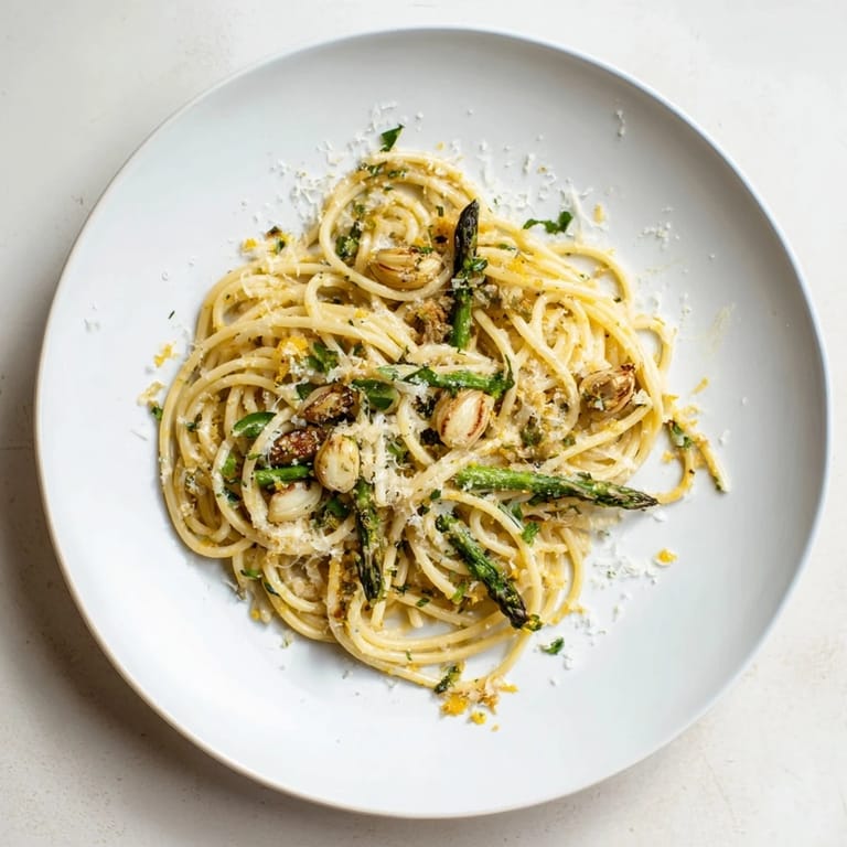 Tender asparagus and golden roasted garlic cloves tossed in Roasted Garlic & Asparagus Pasta, finished with fresh parsley and lemon zest.