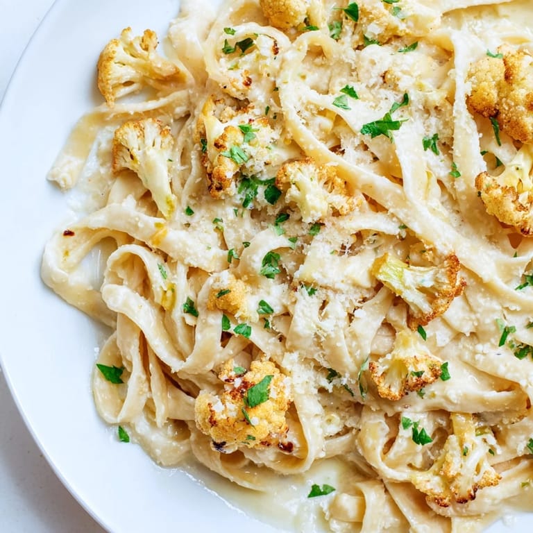 A comforting plate of Roasted Cauliflower Alfredo, showcasing a velvety sauce clinging to al dente pasta with a sprinkle of Parmesan.  