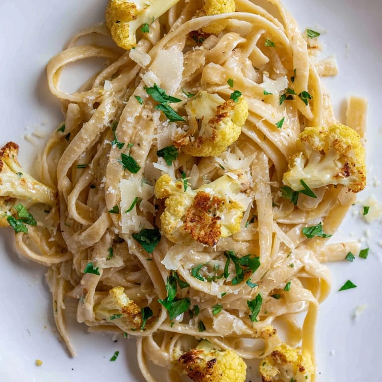 Savory Roasted Cauliflower Alfredo served in a warm bowl, garnished with fresh parsley and extra Parmesan for a perfect weeknight meal.