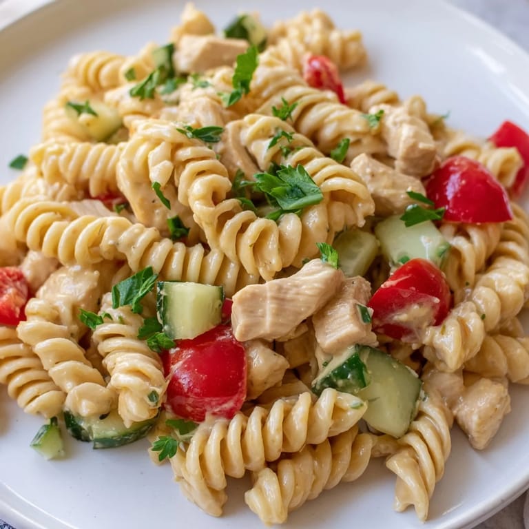 A serving bowl of Honey Mustard Chicken Pasta Salad with colorful vegetables and fresh parsley garnish