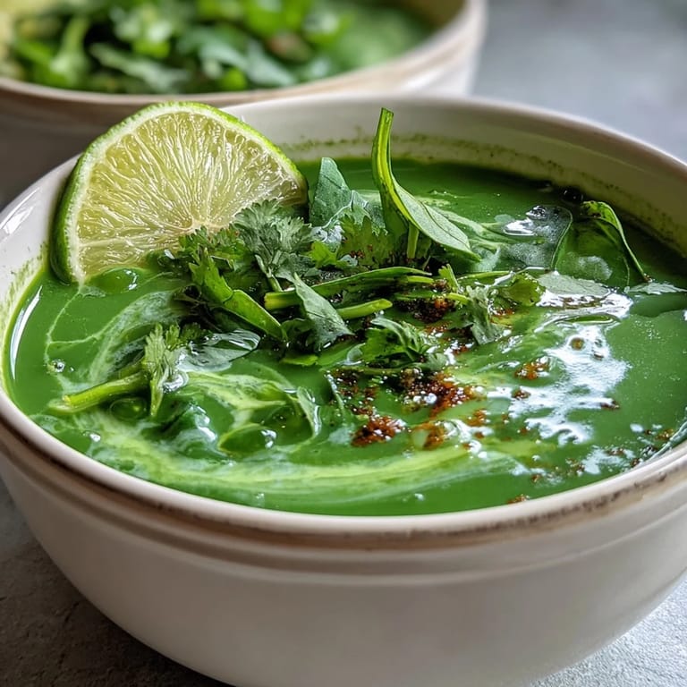 Vibrant green spinach coriander lemongrass soup swirled with coconut milk, served steaming in a rustic mug.