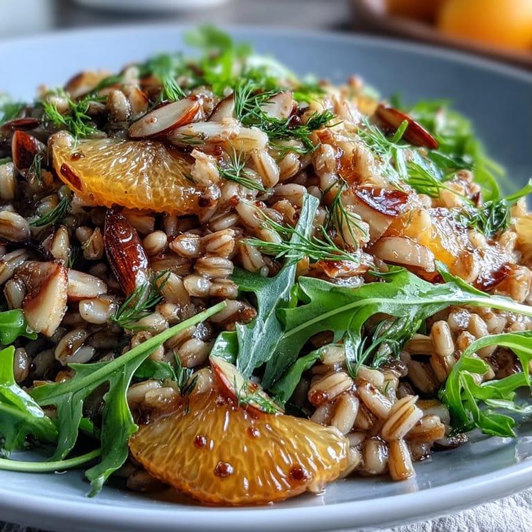 Refreshing farro salad with crisp fennel slices and sweet orange segments.