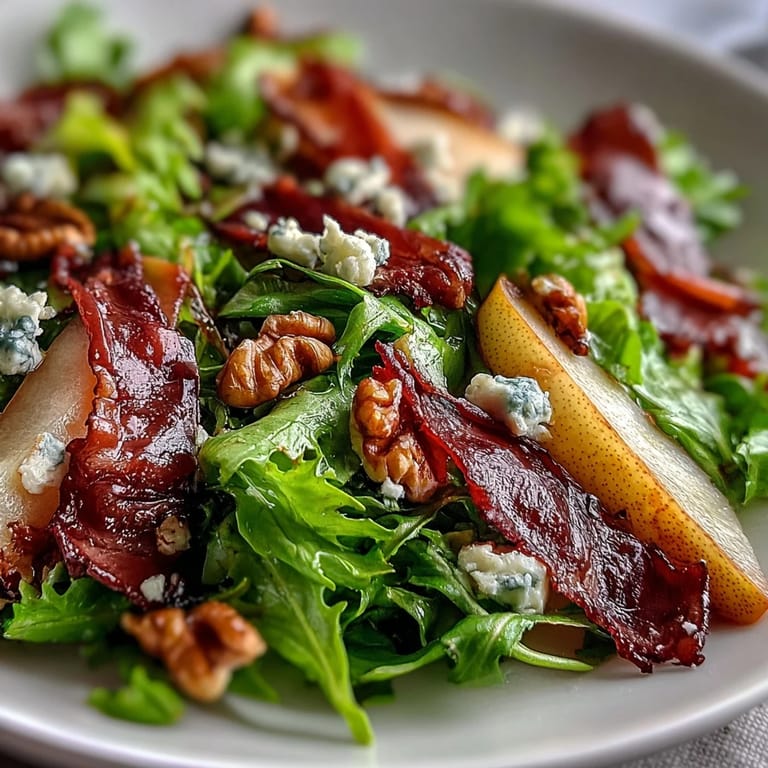 Vibrant Frisée, Pear, Blue Cheese, and Crispy Prosciutto Salad featuring crunchy prosciutto shards and creamy blue cheese.