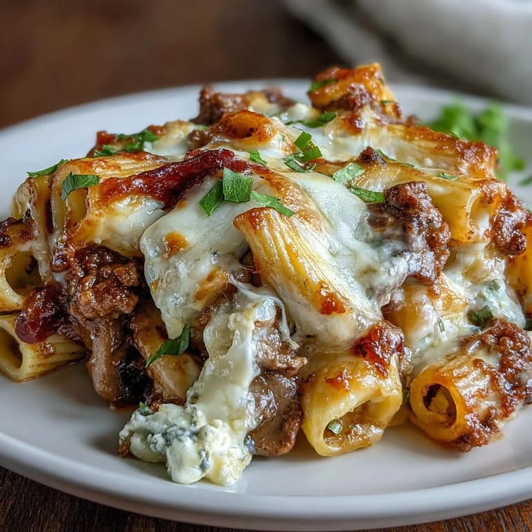 A close-up of the high-protein Italian beef and pasta bake, featuring melty cheese, fresh basil garnish, and savory turkey pepperoni slices for a pizza-inspired twist.