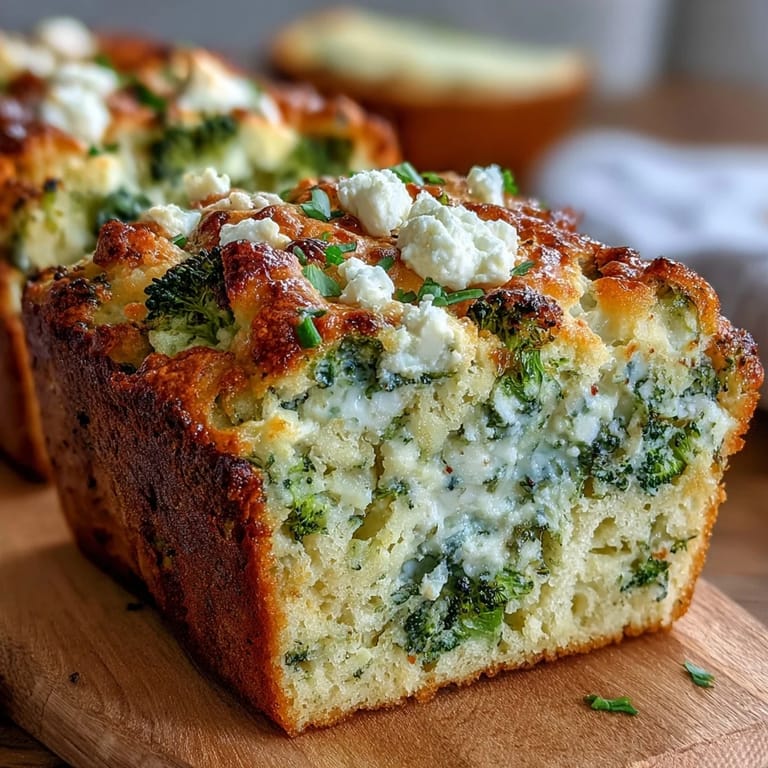 Slices of savory Broccoli and Feta Loaf stacked, showing moist interior, ready to serve with a steaming bowl of soup.