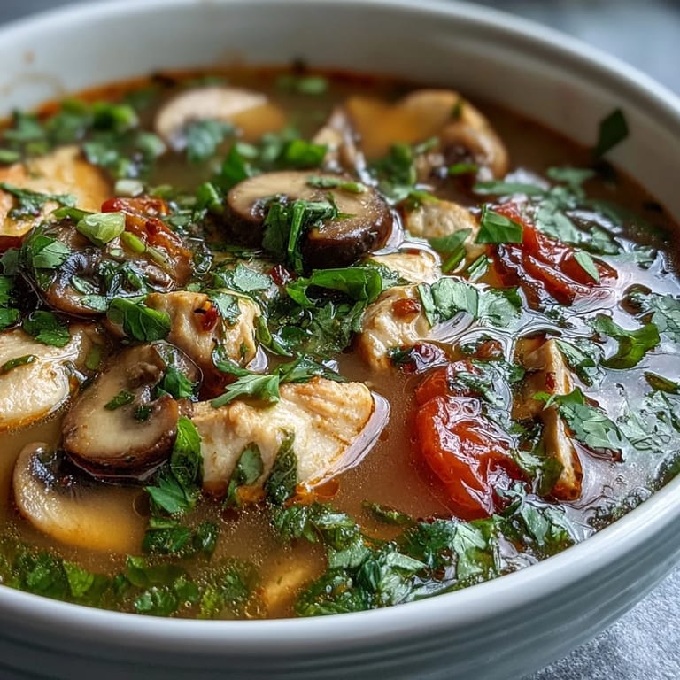 Steaming pot of homemade Tom Yum Chicken broth featuring lemongrass, galangal, and vibrant red tomatoes.