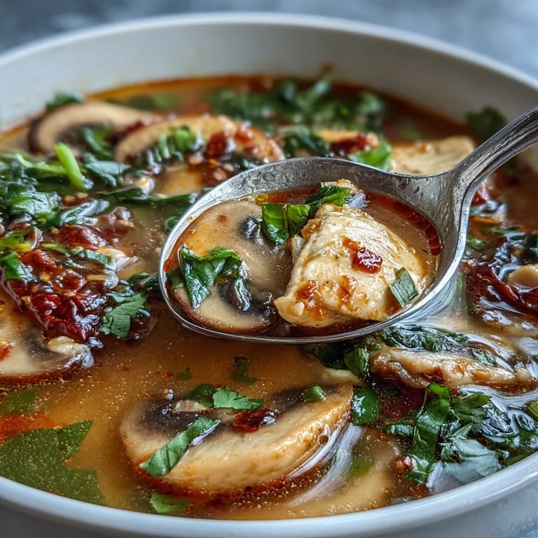 Tom Yum Chicken soup served in a rustic bowl garnished with cilantro, lime wedges, and chili slices.