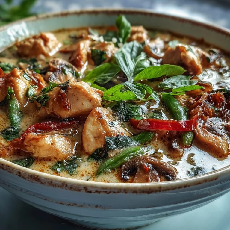 A comforting bowl of Thai Chicken Coconut Curry Soup garnished with fresh cilantro, Thai basil, and lime wedges.