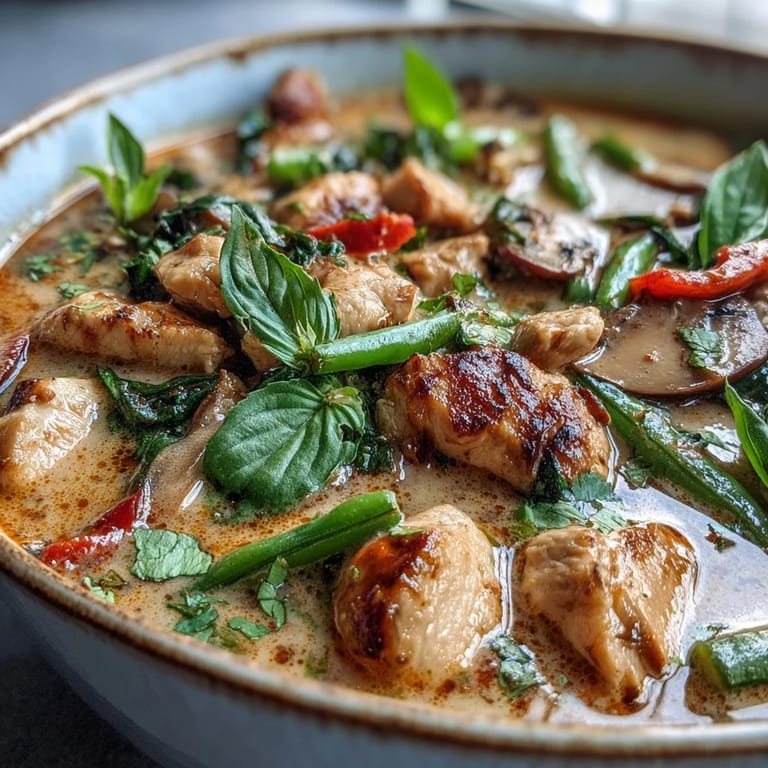 Steaming Thai Chicken Coconut Curry Soup with tender chicken and shiitake mushrooms, ready to be served hot.