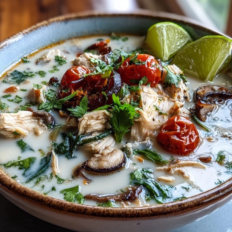 Hearty Best Ever Tom Kha Gai Soup with shredded chicken, oyster mushrooms, and fragrant lemongrass, ready to serve.