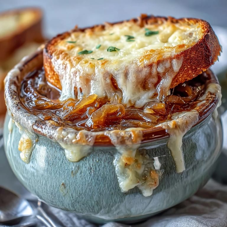 Gooey, golden Gruyère cheese melts over a slice of crusty bread floating in a warm, savory bowl of homemade French Onion Soup.
