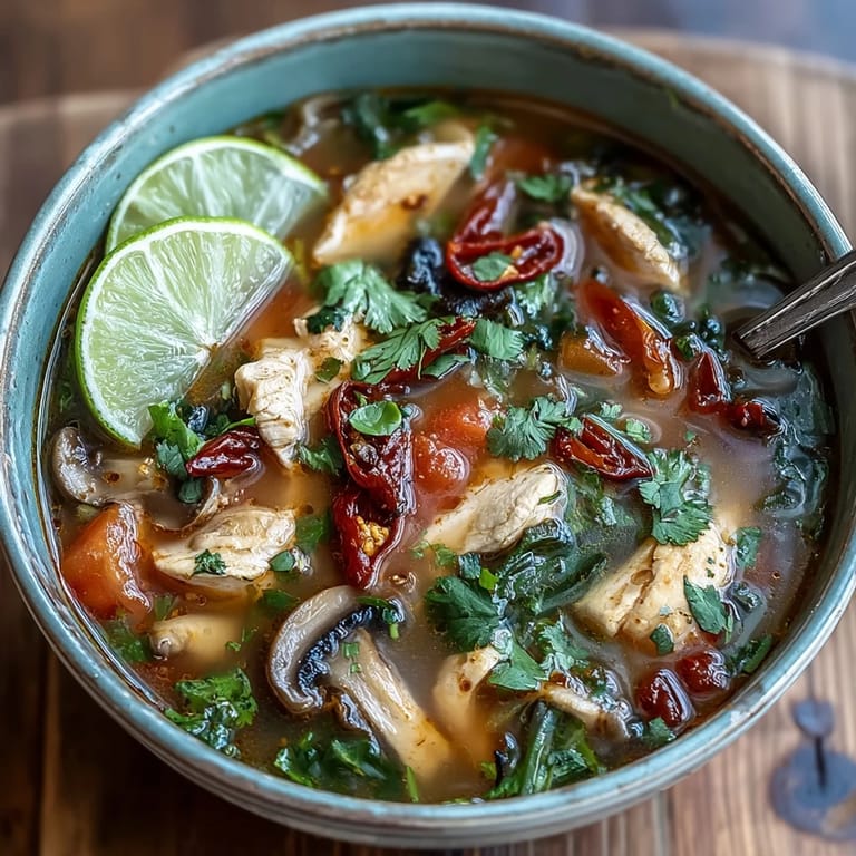 Spooning into a colorful serving of Tom Yum Gai reveals aromatic chiles, lemongrass, and bright lime juice in every bite.