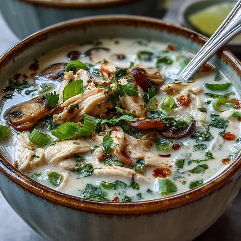 Fresh lime wedges and cilantro garnish this steaming bowl of authentic Tom Kha Gai, highlighting its vibrant, tangy, and creamy Thai flavors.