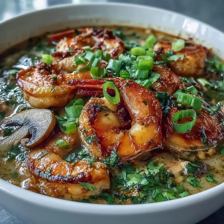Thai Coconut Shrimp Soup simmering with succulent shrimp, mushrooms, and red curry paste in a creamy coconut milk broth.