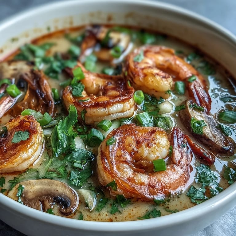 A vibrant serving of Thai Coconut Shrimp Soup with aromatic herbs and spices, ready to be enjoyed with jasmine rice.