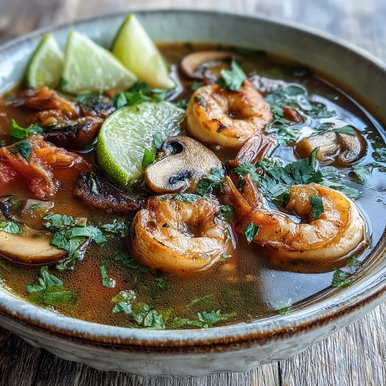 Colorful bowl of spicy and sour Tom Yum Soup with lemongrass, Thai chiles, and herbs, ready to be enjoyed.