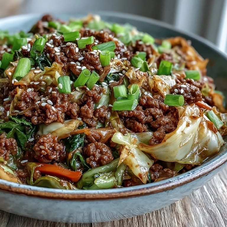 Steaming bowl of Chinese Ground Beef and Cabbage Stir-Fry, with tender beef, crisp cabbage, and a rich, umami sauce, served on a simple white plate.