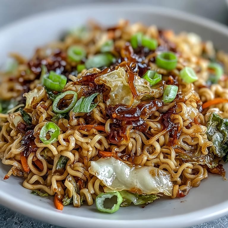 Stir-fried Fried Cabbage Ramen tossed with julienned carrots, garlic, and ginger in a savory Asian sauce.