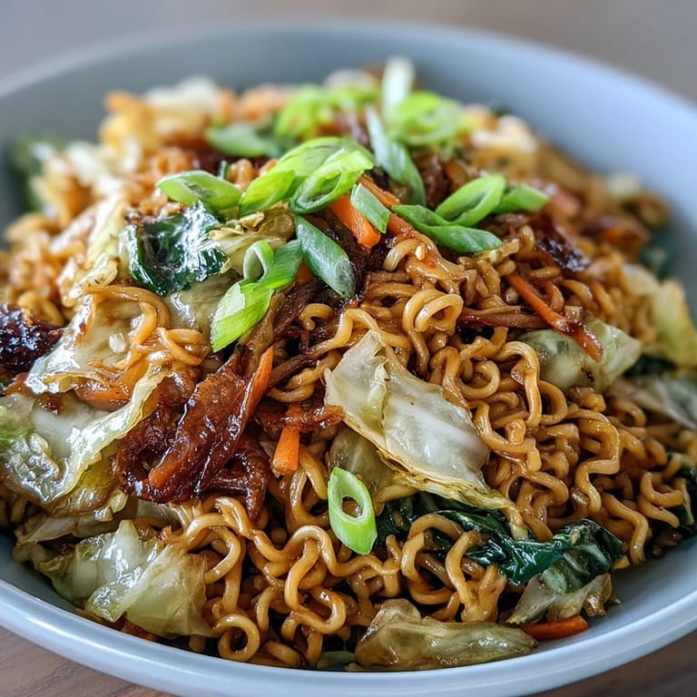 A close-up of Fried Cabbage Ramen plating, topped with sesame seeds beside chopsticks on a white table.