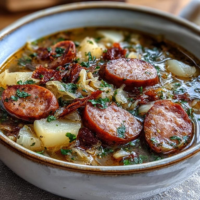 Comforting Sausage, Potato and Cabbage Soup served in a rustic bowl, garnished with fresh parsley and a dollop of sour cream for extra richness.