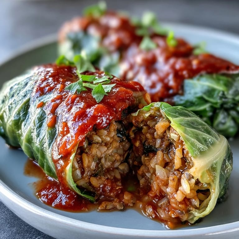 Savory plant-based cabbage rolls with lentils and brown rice, served beside crusty bread for dipping.  