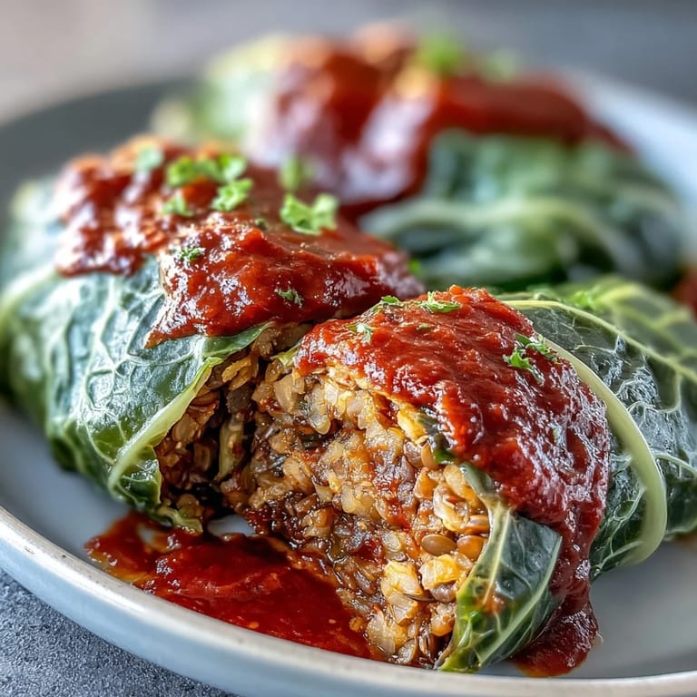 Hot from the oven vegan cabbage rolls with aromatic herbs, bubbling tomato sauce, and a sprinkle of fresh parsley.
