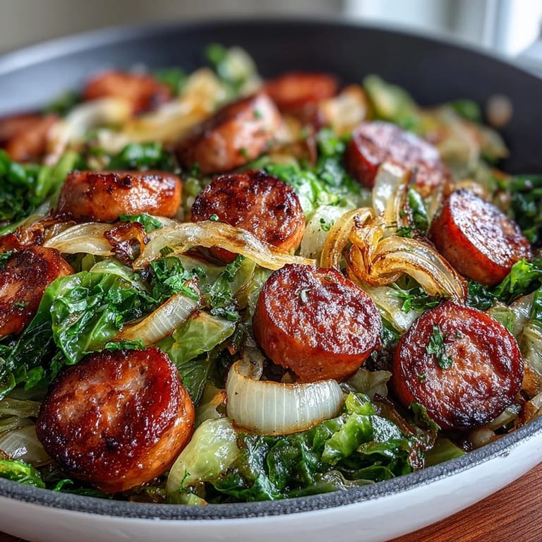 Ready-to-serve Smothered Cabbage With Sausage Skillet in a cast-iron pan, garnished with fresh thyme, perfect alongside mashed potatoes or crusty bread for weeknight dinners.