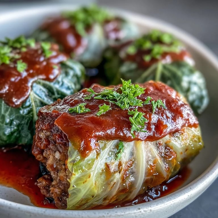 Freshly baked Cabbage Rolls bubbling with tomato sauce, ready to be served with a dollop of sour cream.