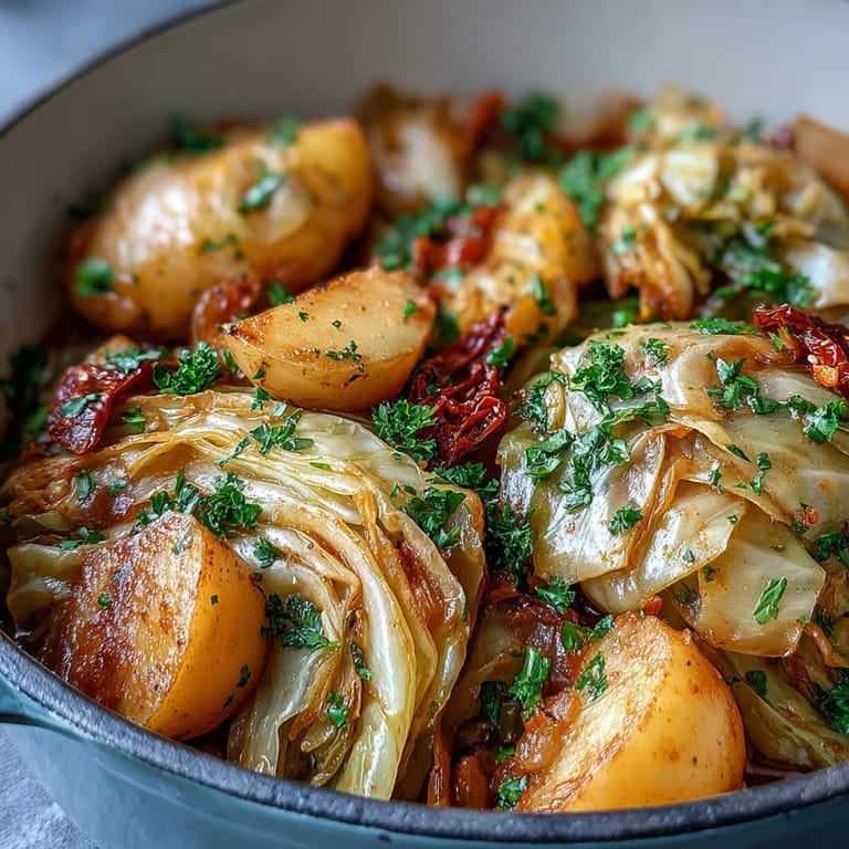Tender slices of cabbage and soft potato chunks simmered in a savory broth with mild chili heat, served warm as a comforting main dish.